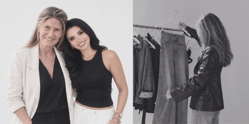 A smiling older woman and a younger woman pose together, showcasing a friendly relationship. Both are dressed in stylish outfits against a light background.
